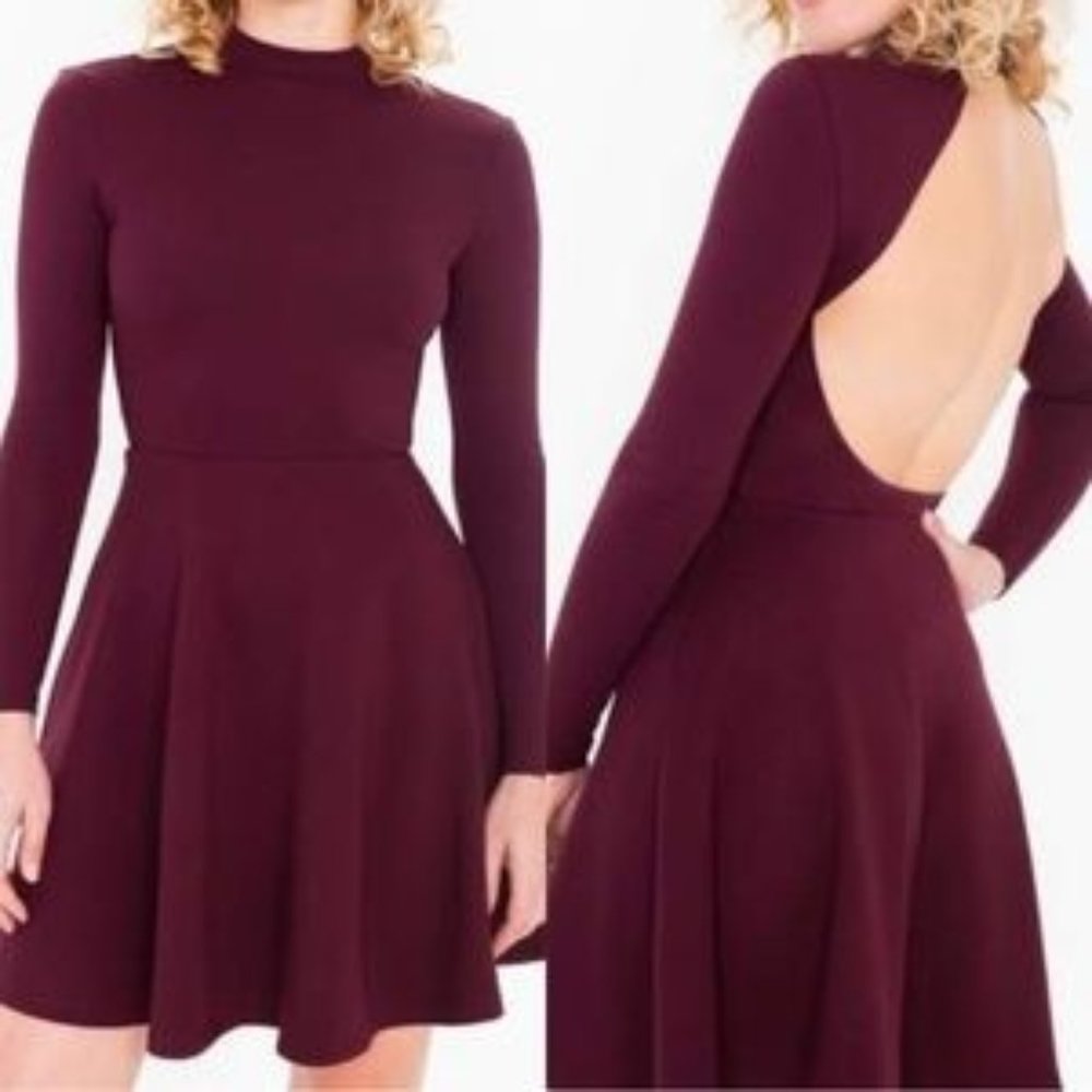 American Apparel Maroon Long Sleeve Backless Skater Dress